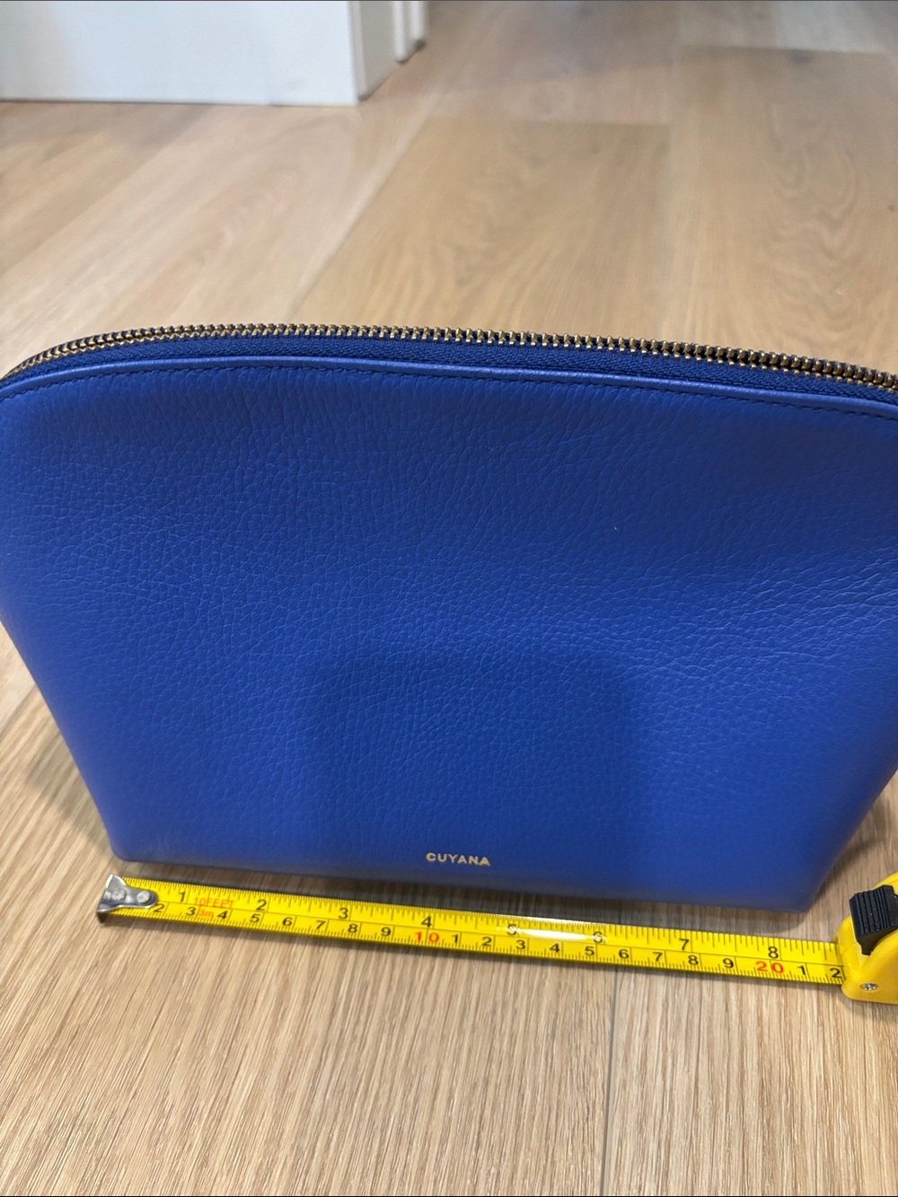 Cuyana Sapphire Blue Leather Toiletry Pouch with Gold Zipper